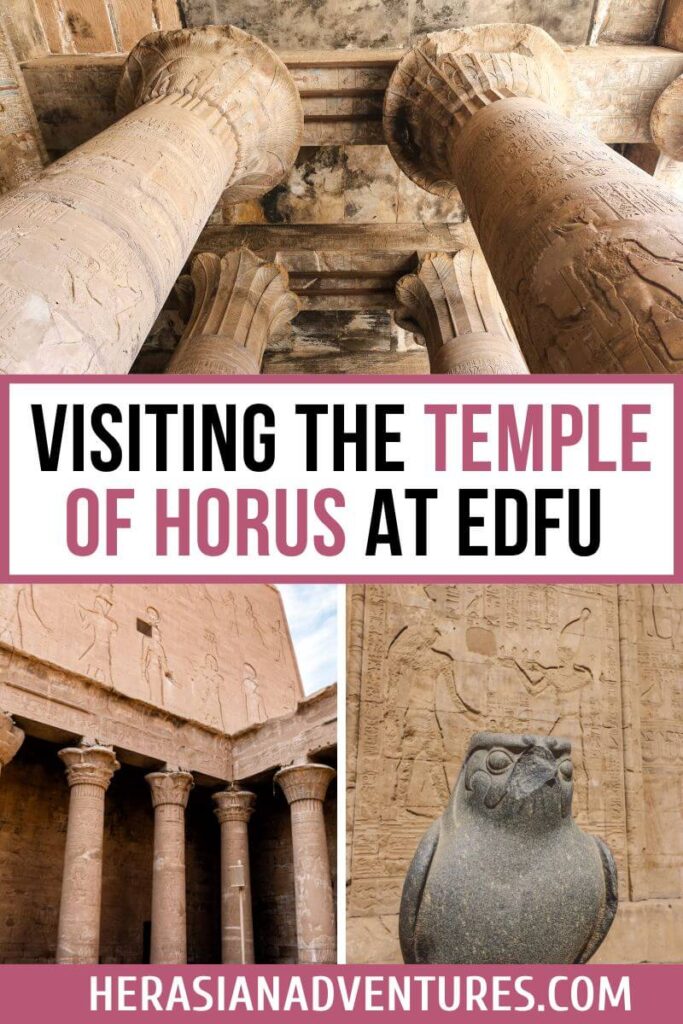 A collage featuring detailed shots of column carvings, temple walls, and the Egyptian falcon god Horus statue, with the title "Visiting the Temple of Horus at Edfu"—ideal content for those researching what to see at Temple of Horus at Edfu.