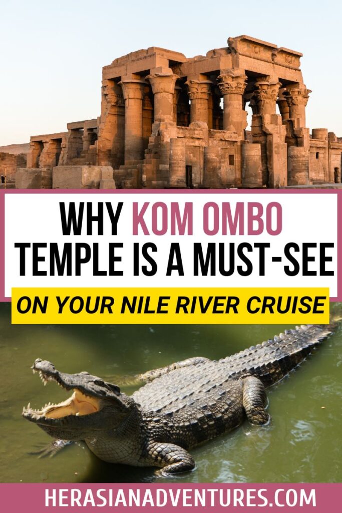 Poster titled “Why Kom Ombo Temple Is a Must-See on Your Nile River Cruise” with an image of the temple and a Nile crocodile, emphasizing the significance of crocodiles in Egypt and the temple’s link to Sobek, the crocodile god.