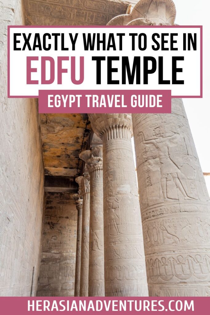 Interior view of the Temple of Horus with tall, hieroglyph-covered columns beneath a colorful ceiling, overlaid with the title "Exactly What to See in Edfu Temple – Egypt Travel Guide"—perfect for anyone planning their temple Edfu itinerary.