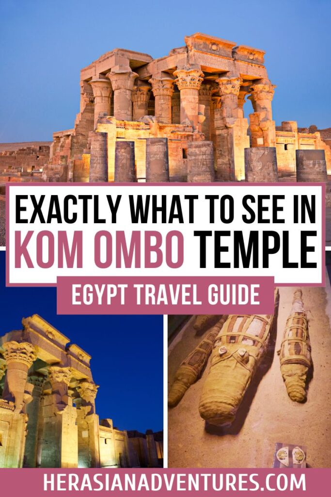 Travel poster titled “Exactly What to See in Kom Ombo Temple – Egypt Travel Guide” with images of the temple ruins and mummified crocodiles, highlighting crocodile worship and Sobek the Egyptian god.