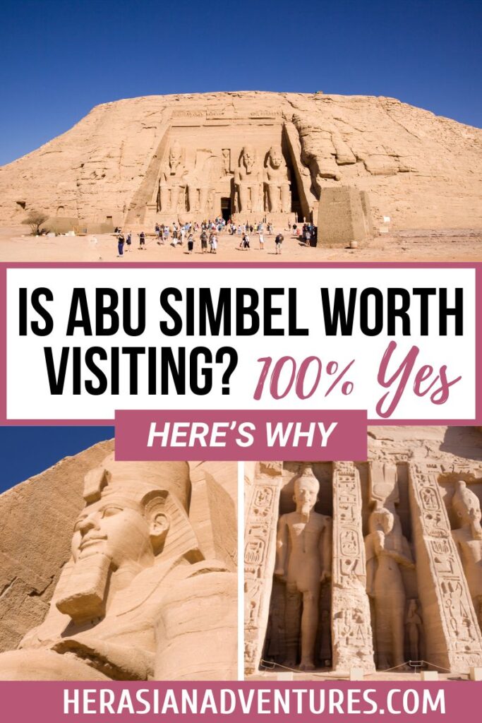 Large crowd gathered in front of Abu Simbel temple carved into sandstone under a deep blue sky with text overlay: “Is Abu Simbel Worth Visiting? 100% Yes – Here’s Why”; ideal for readers wondering is Abu Simbel worth visiting or planning a day trip from Aswan to Abu Simbel.