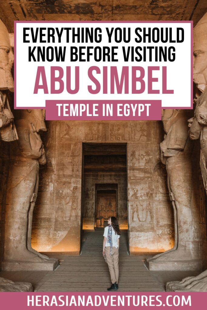 nterior view of Abu Simbel temple with a traveler admiring towering statues and ancient carvings; text overlay reads: “Everything You Should Know Before Visiting Abu Simbel – Temple in Egypt”; informative for anyone looking for Abu Simbel reviews, Abu Simbel guide, or facts for a trip to Abu Simbel.