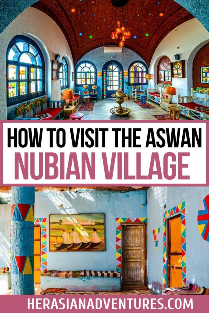 Interior of a traditionally decorated Nubian house with arched windows, colorful furniture, and a domed ceiling in a Nubian village in Aswan, Egypt. The image includes text reading "How to Visit the Aswan Nubian Village" and promotes travel insights to Elephantine Island and nearby Nubian villages.