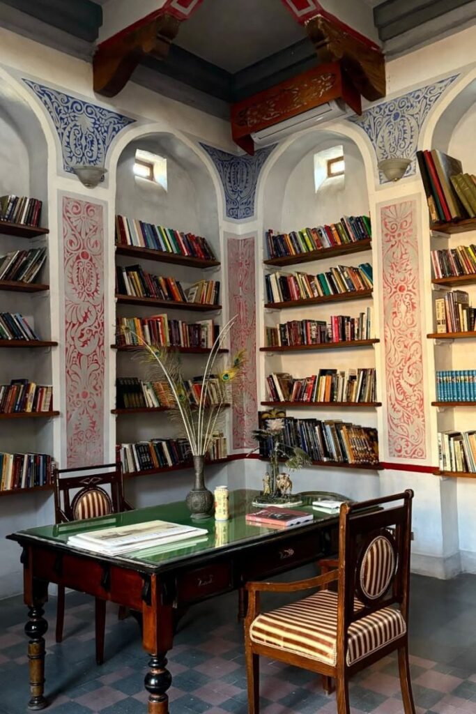 ozy corner of a library with striped chairs, an antique wooden desk, and walls lined with colorful bookshelves, inside a Nubian-style hotel in Egypt. The space reflects a blend of cultural charm and intellectual ambiance often found in boutique accommodations near Edfu Temple.