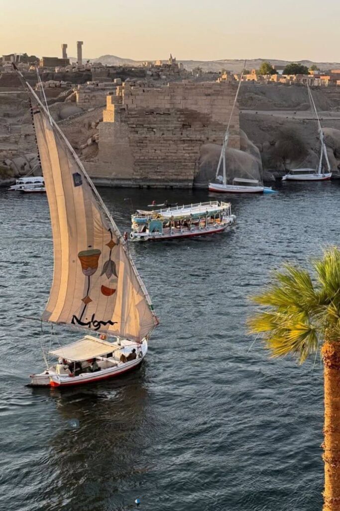 Traditional felucca sailboats glide across the Nile River at sunset, with the ancient ruins of Kom Ombo Temple in the background. A scenic view that combines river life with ancient Egyptian temples.