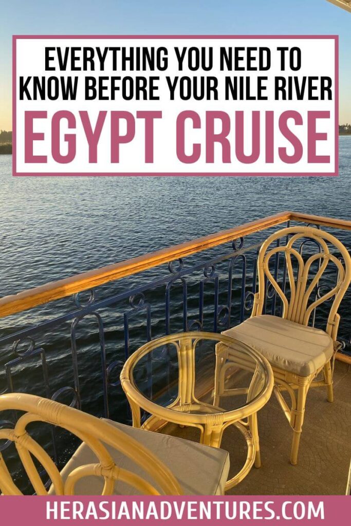 View from a Nile River cruise balcony featuring cushioned rattan chairs overlooking the water, with the caption “Everything You Need to Know Before Your Nile River Egypt Cruise.” Perfect for travelers considering an Aswan to Luxor Nile cruise or luxury Nile cruises.