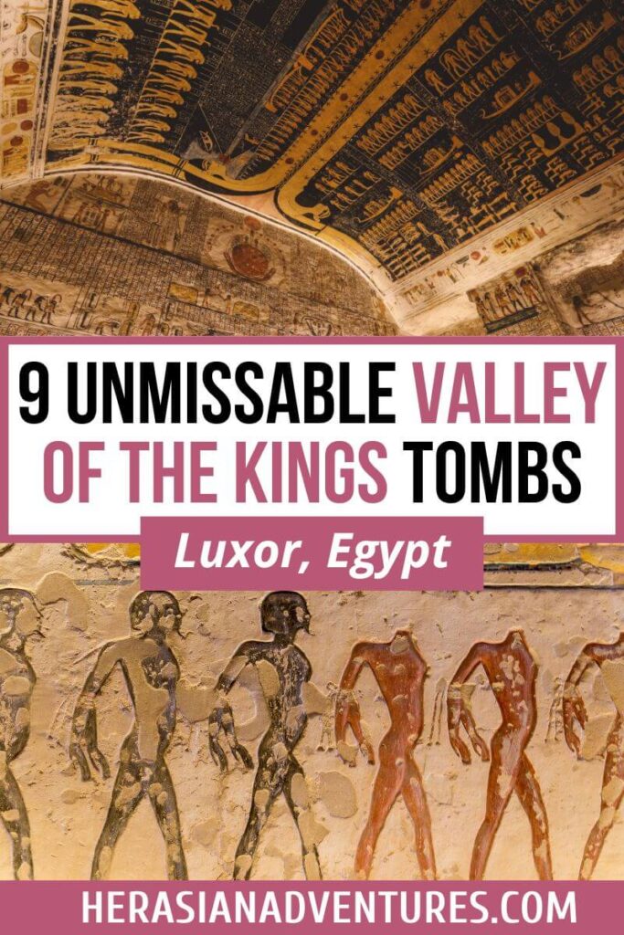 Rows of painted figures in ceremonial dress adorn the tomb walls, framed by hieroglyphics and intricate decorations. The image features the text "9 unmissable valley of the kings tombs, luxor, egypt" in white and pink, merging modern promotional content with ancient Egyptian art.