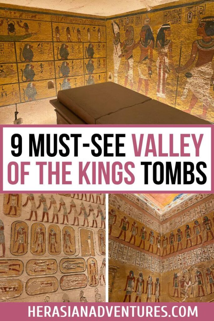 A rectangular stone sarcophagus occupies the center of a tomb chamber with walls covered in intricate murals of Egyptian gods and symbols. The image includes the text "9 must-see valley of the kings tombs" in white and pink along the bottom.