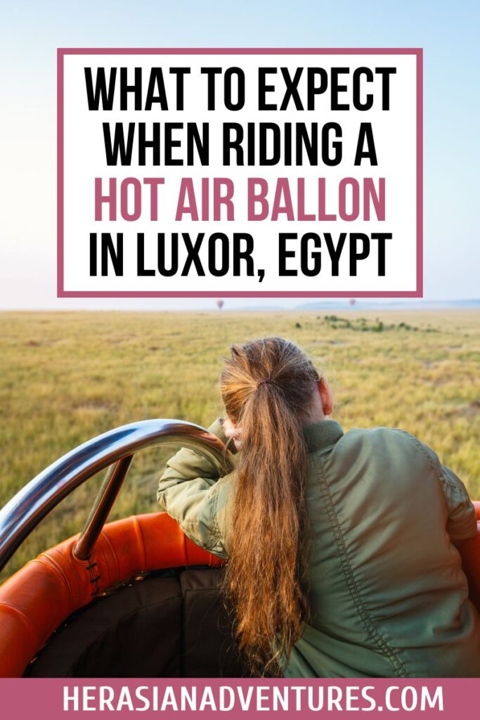 A woman with long hair looks out from a hot air balloon basket over the grassy plains of Luxor, Egypt, as distant balloons float in the background. The image includes large bold text that reads: "What to Expect When Riding a Hot Air Balloon in Luxor, Egypt" — a clear introduction to the luxor hot air balloon experience.