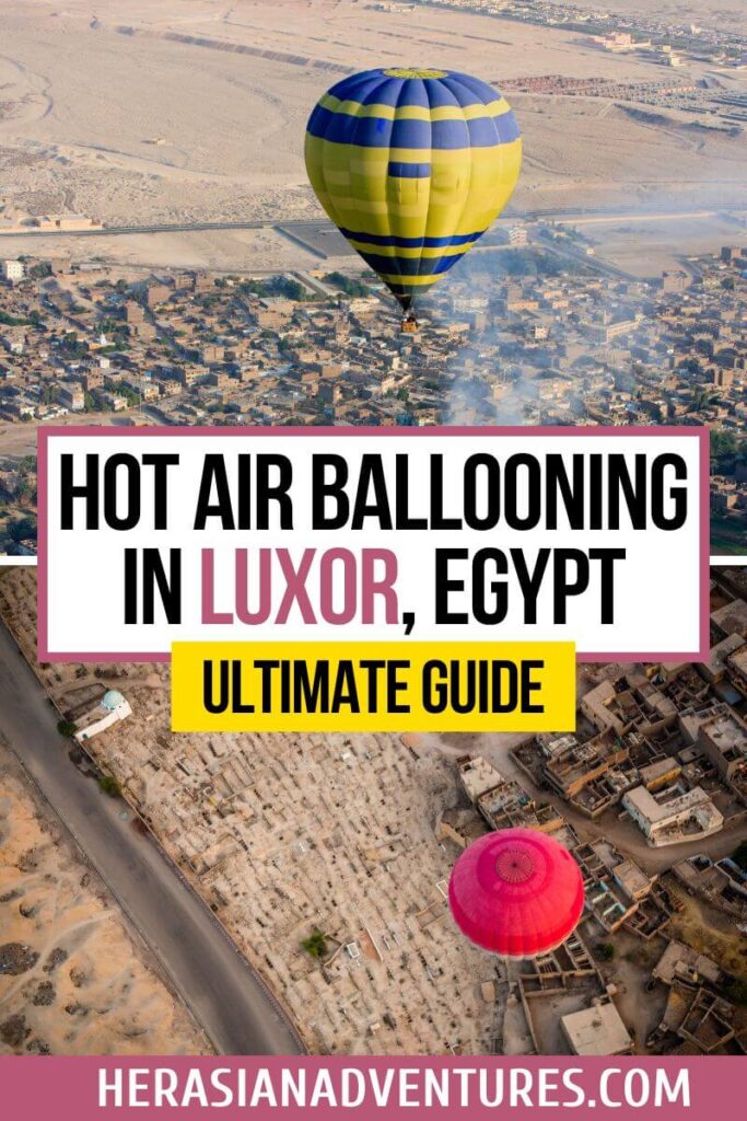 A yellow and blue hot air balloon floats over the archaeological landscape of Luxor, Egypt, with another red balloon hovering nearby. The text overlay reads: "Hot Air Ballooning in Luxor, Egypt – Ultimate Guide", pointing to a comprehensive resource on hot air balloon rides Luxor travelers can enjoy.