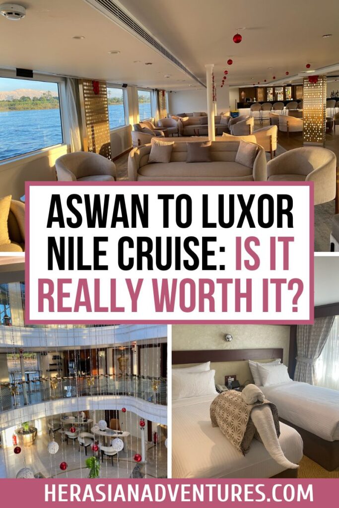 Interior of a Nile River cruise ship lounge with panoramic views of the river and modern seating, overlaid with the text “Aswan to Luxor Nile Cruise: Is It Really Worth It?” Ideal visual for blog posts comparing Nile cruise reviews and best Nile cruises from Aswan to Luxor.