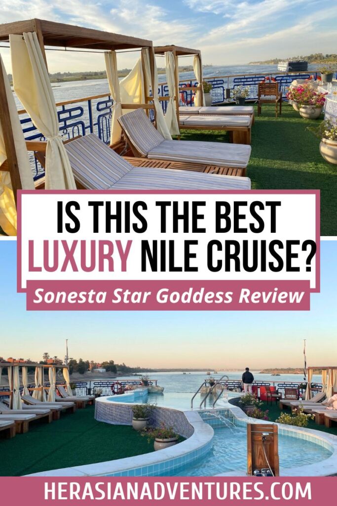 Rooftop deck of a luxurious Nile cruise ship featuring canopy daybeds and a river view, with text asking “Is This the Best Luxury Nile Cruise? Sonesta Star Goddess Review.” Suited for highlighting luxury Nile cruises or reviewing the best Nile cruise ships.