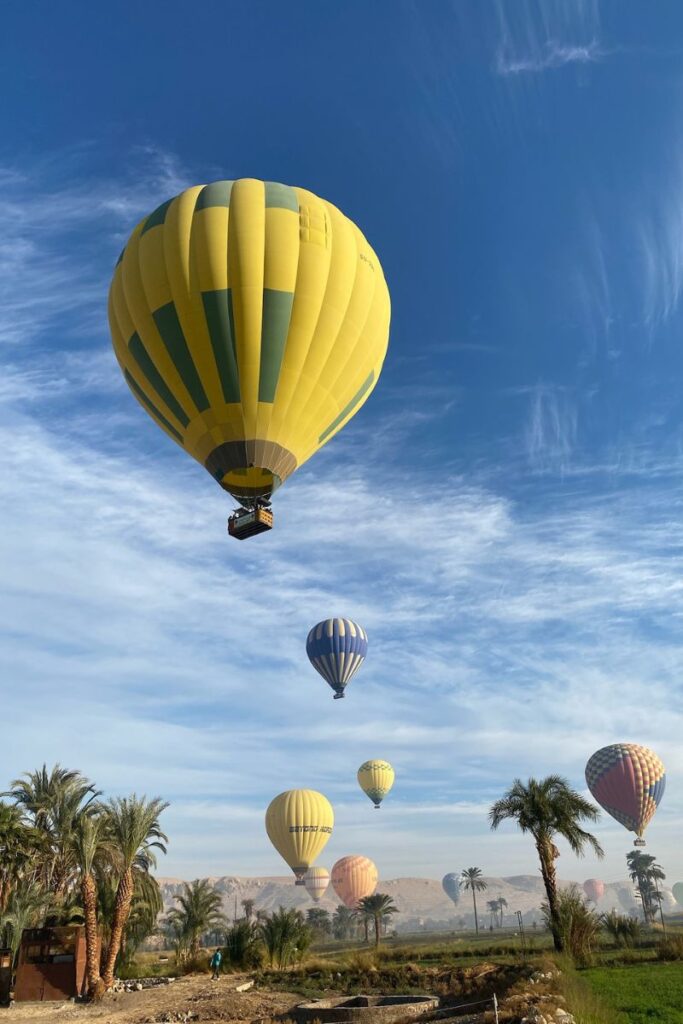 A striking yellow hot air balloon floats low over palm trees in Luxor, Egypt, with several more balloons in the distance rising into a blue sky. This scenic moment captures the peaceful thrill of a hot air balloon ride in Luxor.