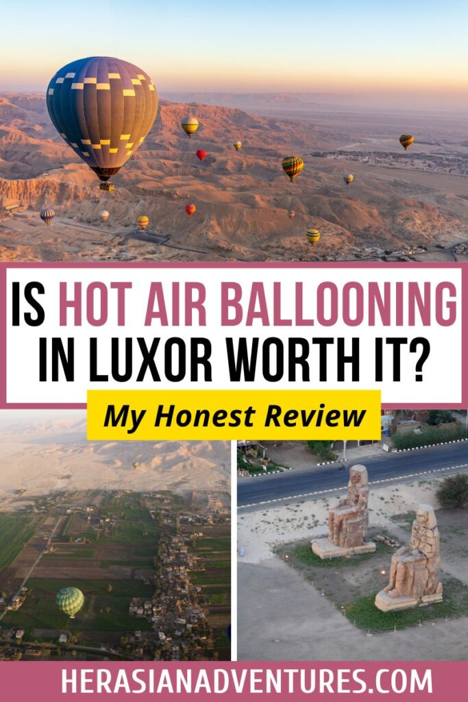 Multiple hot air balloons, large and small, fill the golden sky above Luxor's rugged terrain. Text on the image reads: "Is Hot Air Ballooning in Luxor Worth It? My Honest Review", making it a visual snapshot of a firsthand experience with hot air balloons in Luxor, Egypt.