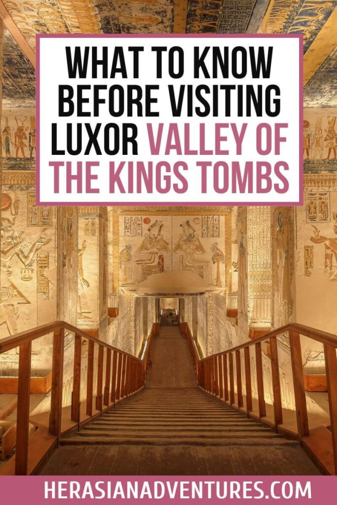 A wide shot of a richly decorated tomb corridor featuring intricate ancient Egyptian wall paintings and descending wooden staircases. The overlaid text reads "what to know before visiting luxor valley of the kings tombs" in bold black and pink, highlighting tips for exploring the tombs.