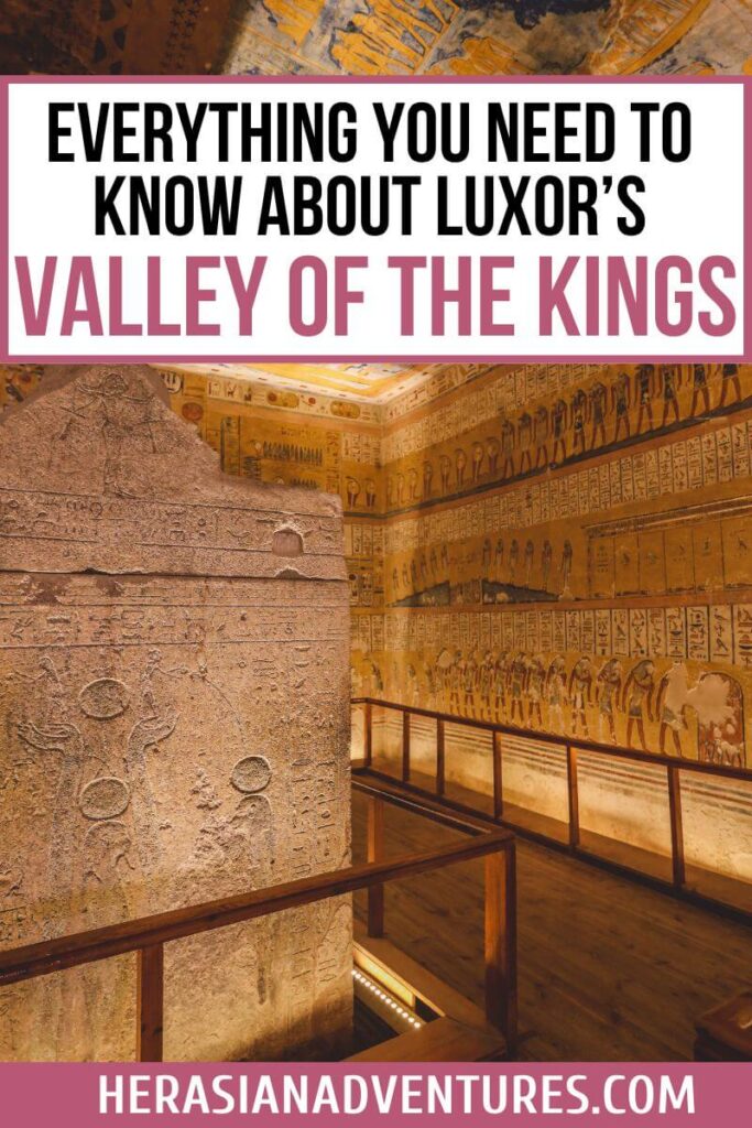 A large stone monument inscribed with ancient Egyptian carvings stands in a tomb chamber, surrounded by walls filled with colorful hieroglyphics and painted figures. The image features the text "everything you need to know about luxor’s valley of the kings" in white and pink over a dark background.