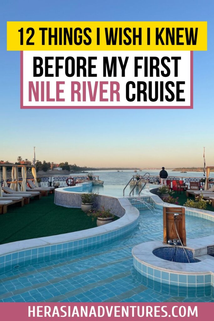 Rooftop pool deck on a Nile River cruise ship at sunset with lounge chairs and flower pots, overlaid with “12 Things I Wish I Knew Before My First Nile River Cruise.” Targets travelers looking into Nile cruises Luxor to Aswan or all-inclusive Nile cruise tips.