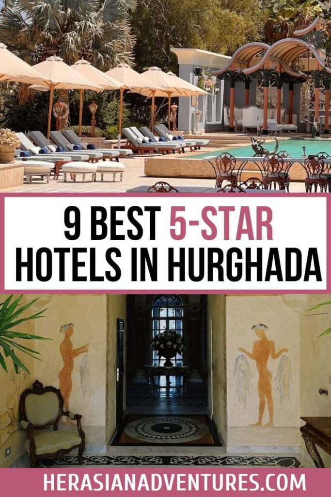 A serene luxury hotel pool area in Hurghada with cushioned lounge chairs under beige umbrellas and an ornate, curved-roof pavilion in the background. Below, an indoor hallway features classical wall art and vintage furniture. Overlay text reads “9 Best 5-Star Hotels in Hurghada.” This visual highlights the elegance of 5-star hotels in Hurghada Egypt and is a helpful guide for those seeking the best hotels in Hurghada Egypt.