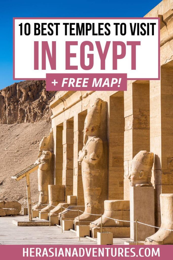 Stone statues of pharaohs lining the entrance to Hatshepsut Temple beneath a rugged desert cliff, overlaid with text that reads "10 Best Temples to Visit in Egypt + Free Map!"—highlighting one of the best temples in Egypt from the temples of ancient Egypt list.