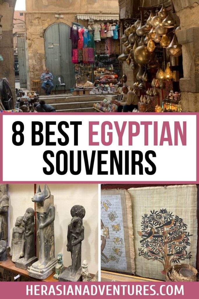Collage image featuring a vibrant Egyptian marketplace with brass lanterns and textiles, alongside ancient statues and hand-painted papyrus scrolls. Text overlay reads “8 Best Egyptian Souvenirs.” Perfect for travelers looking for the best souvenirs from Egypt, this image highlights top picks like historical statues, cultural artwork, and unique items to buy in Egypt’s markets.