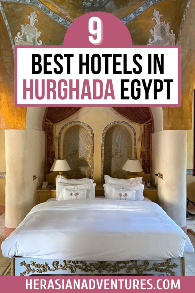 A richly designed hotel room in Hurghada with a white, plush bed, embroidered pillows, and gold-accented alcoves set into a decorative wall. Overlay text reads “9 Best Hotels in Hurghada Egypt.” This image reflects the ambiance of the best hotel to stay in Hurghada Egypt and ranks high among luxury hotels in Hurghada Egypt for romantic getaways.