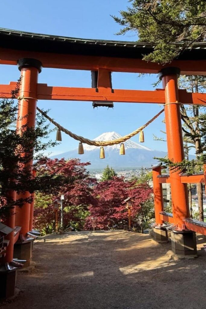 Snow-capped Mount Fuji perfectly framed by a traditional red torii gate and autumn leaves in Japan. This serene view captures the essence of solo female travel Japan, especially for women traveling alone for the first time in Asia.