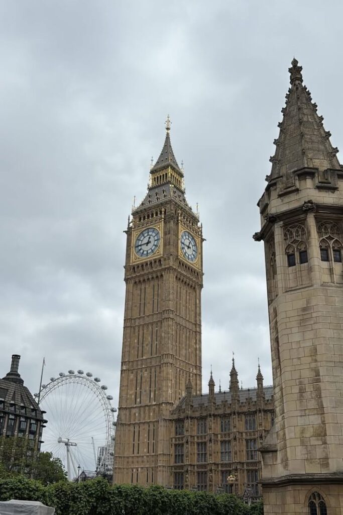 The iconic Big Ben clock tower and London Eye under a cloudy London sky—must-see landmarks for women traveling alone to London or exploring Europe solo for the first time. Great for content on best cities to travel solo in Europe or safe solo female travel destinations.