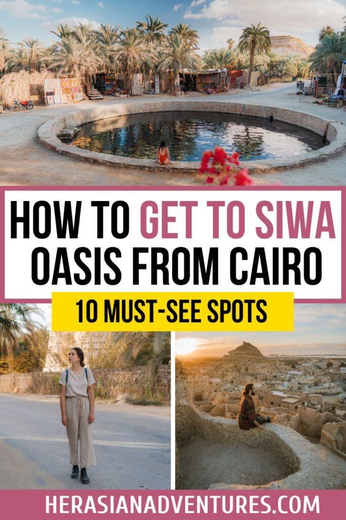 A woman sits at the edge of a desert spring in Siwa Oasis, Egypt, surrounded by palm trees and a local market; text overlay reads “how to get to siwa oasis from cairo – 10 must-see spots,” ideal for travelers planning a cairo to siwa oasis journey.