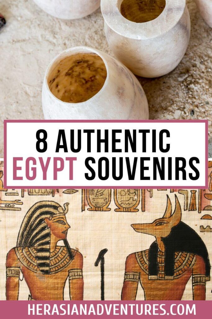 Split image with alabaster jars on sand above, and a close-up of a papyrus scroll with ancient Egyptian gods Anubis and Osiris below. Text reads “8 Authentic Egypt Souvenirs.” This image captures two of the most popular souvenirs in Egypt: alabaster stone vessels and papyrus art, making it ideal for those exploring what to buy in Egypt or seeking authentic gifts from Egypt.