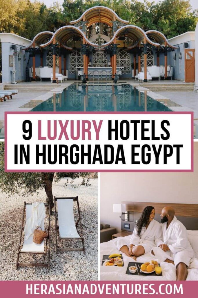 Stylish collage showcasing a boutique pool with artistic architecture, rustic white lounge chairs under an olive tree, and a couple enjoying breakfast in bed. Overlay text reads “9 Luxury Hotels in Hurghada Egypt.” This image captures the vibe of boutique hotels in Hurghada Egypt and is ideal for travelers looking for the best hotels in Hurghada for couples or relaxing stays.