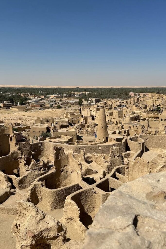 View over the ancient Shali Fortress ruins in Siwa Egypt, surrounded by palm groves and modern homes in the distance—showcasing one of the top things to do in Siwa Oasis and a historical gem in Egypt Siwa