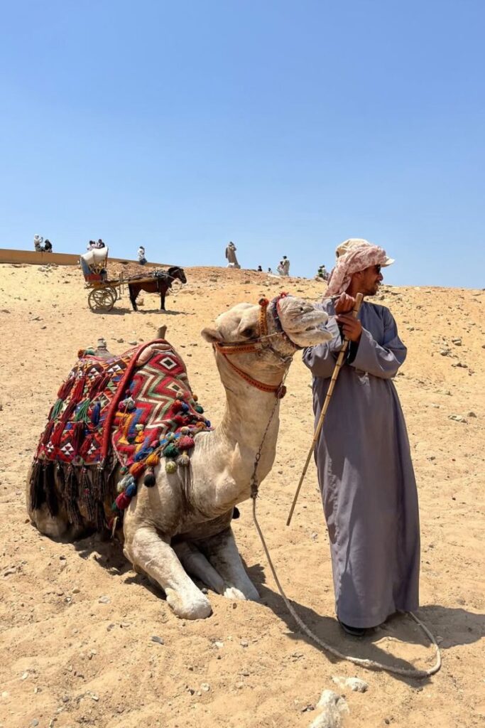 A camel guide in traditional clothing stands beside a seated camel adorned with colorful tassels in the desert near Cairo. A common sight when traveling in Cairo, offering reassurance to solo female travelers in Egypt considering a camel ride experience.