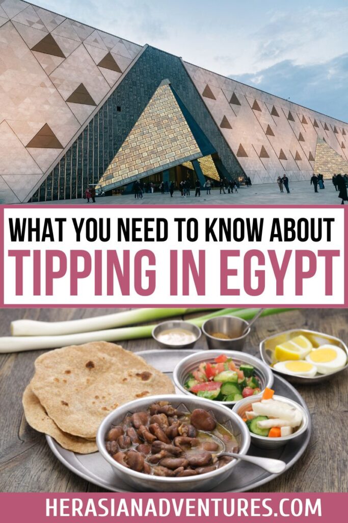 An eye-catching blog graphic featuring the text "What You Need to Know About Tipping in Egypt." Includes a photo of the Grand Egyptian Museum and a traditional Egyptian meal, symbolizing everyday tipping moments. Perfect for readers searching for advice on when to tip and how much baksheesh is appropriate in Egypt.