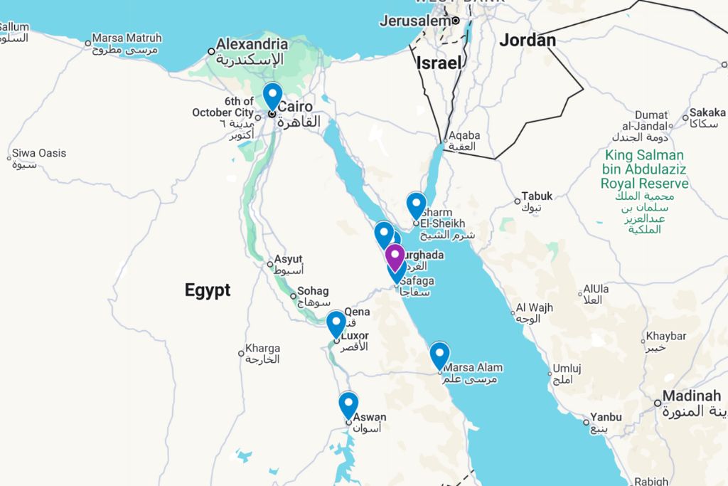 A travel map of Egypt pinpointing major cities like Cairo, Luxor, and coastal destinations such as Hurghada and Marsa Alam along the Red Sea. It’s a helpful overview for planning day trips from Hurghada or comparing routes when heading to Cairo from Hurghada.