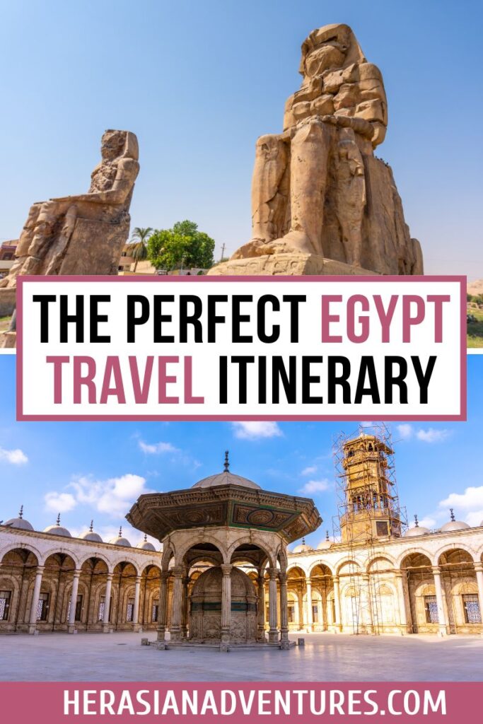 Overlay text reads “The Perfect Egypt Travel Itinerary” with images of the Colossi of Memnon and the Mosque of Muhammad Ali. This graphic captures both ancient and Islamic Cairo, essential to a well-rounded Egypt travel itinerary.