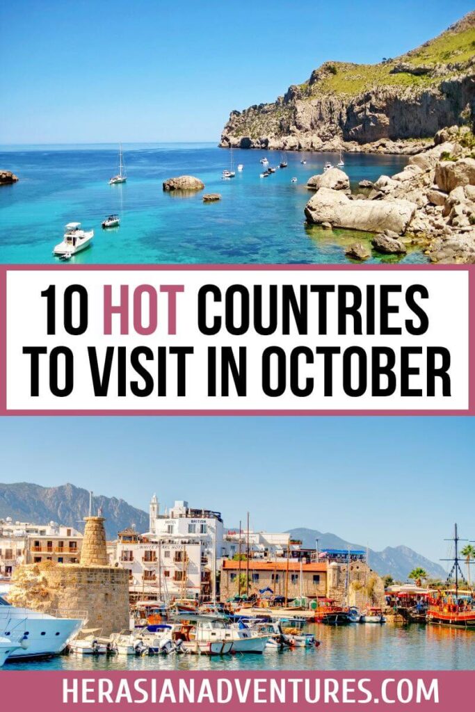 A bright travel infographic features a stunning blue bay with anchored sailboats and a scenic Mediterranean port town, titled “10 Hot Countries to Visit in October.” Perfect for travelers searching for warm holidays in October or wondering where is warm in October.