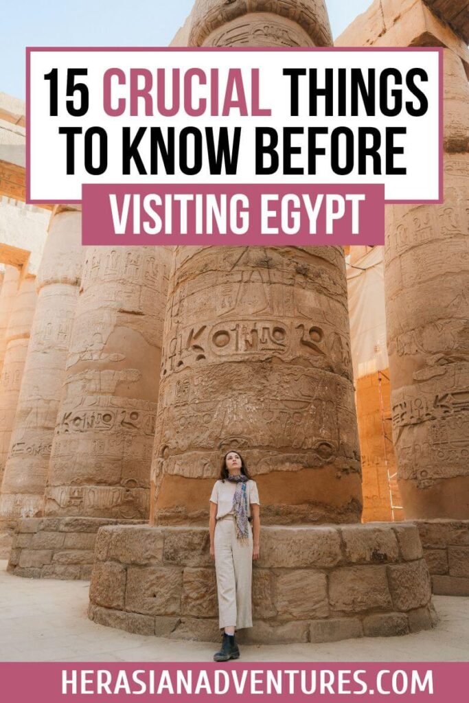 Blog graphic titled “15 Crucial Things to Know Before Visiting Egypt” set in an ancient temple – ideal for first-time visitors looking for tips for traveling in Egypt, cultural advice, and what not to do in Egypt as a tourist.