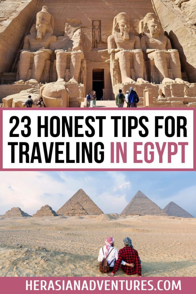 Blog graphic featuring Abu Simbel and the Pyramids with the text “23 Honest Tips for Traveling in Egypt” – an essential travel Egypt blog post covering solo travel Egypt, Cairo travel tips, and safety for tourists.