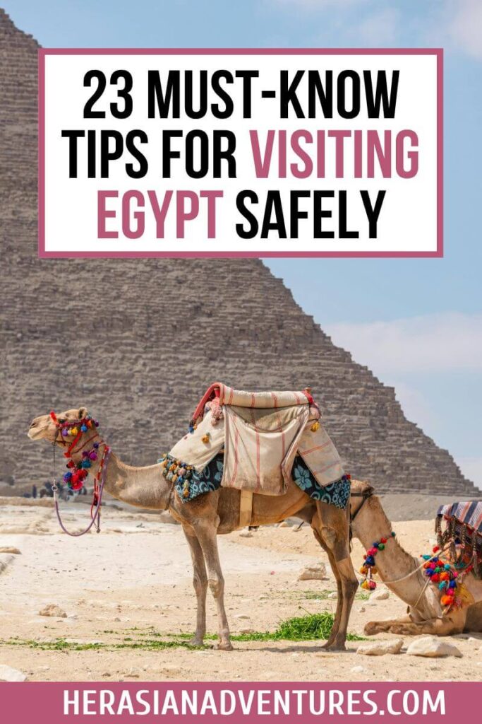 Blog graphic showing camels in front of pyramids with the title “23 Must-Know Tips for Visiting Egypt Safely” – targeted toward solo travelers, especially women, looking for safe travel advice for Egypt and cultural awareness tips.