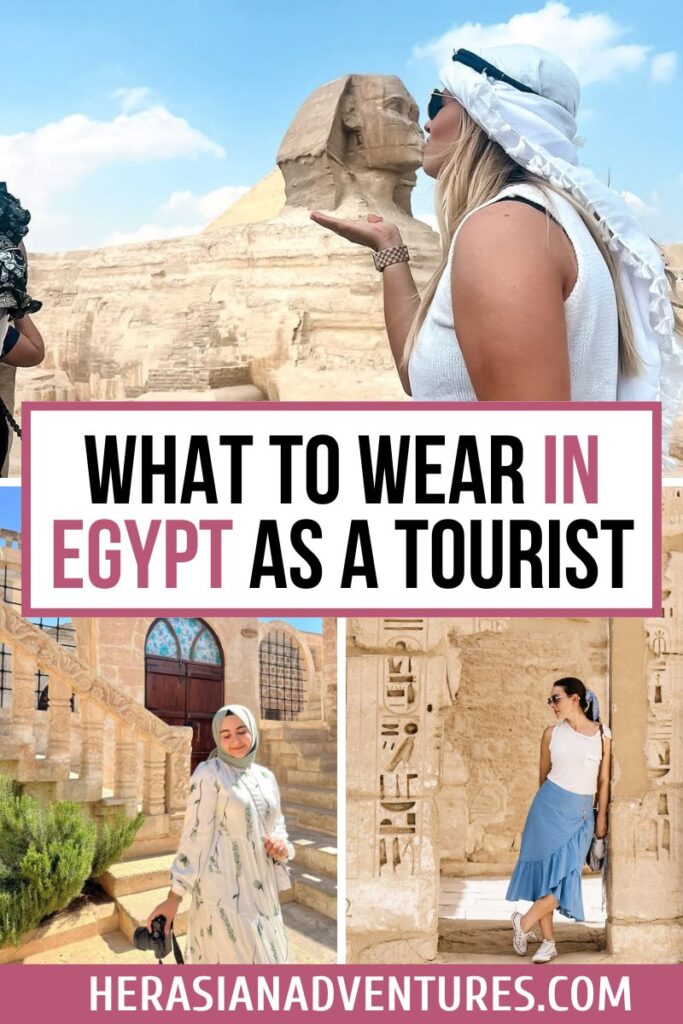 A collage image featuring a woman posing in front of the Sphinx and two others in modest dresses, with the title “What to Wear in Egypt as a Tourist.” This visual promotes what to wear in Egypt for women and reinforces key Egypt dress code guidelines.