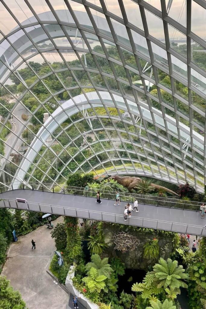 Visitors walk along a high skyway inside the Cloud Forest dome at Gardens by the Bay, surrounded by lush greenery and dinosaur sculptures. This indoor attraction is one of the most unique things to do in Singapore and a popular escape from the city’s heat.