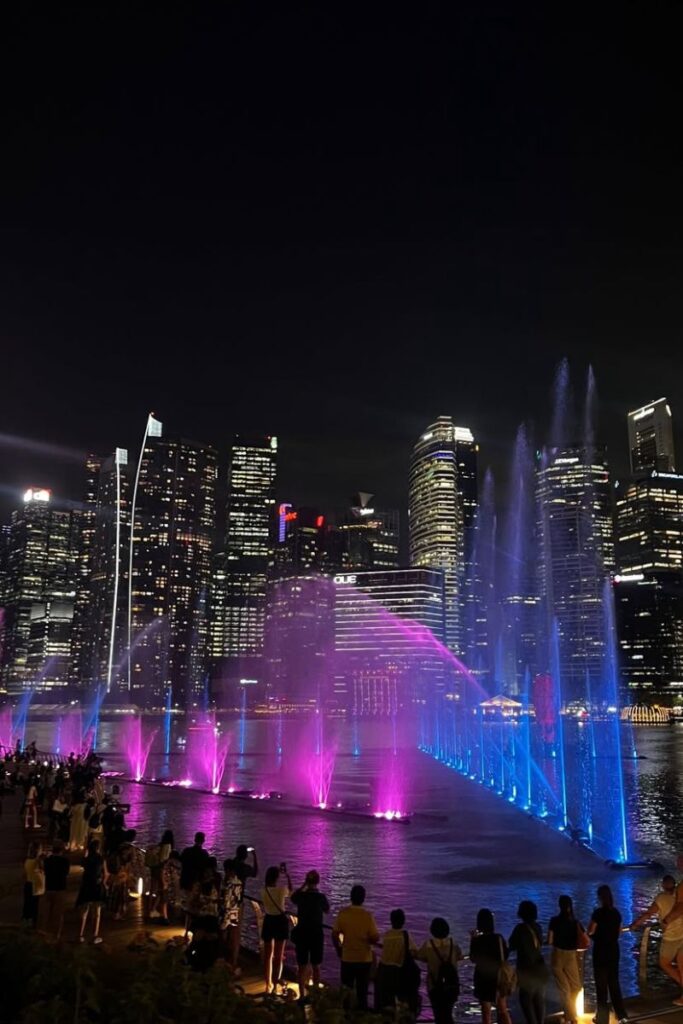 Crowds gather along the waterfront for a light and water show featuring glowing pink and blue fountains with the Singapore skyline lit up behind. This magical display is among the best things to do in Singapore at night and a free, family-friendly activity.