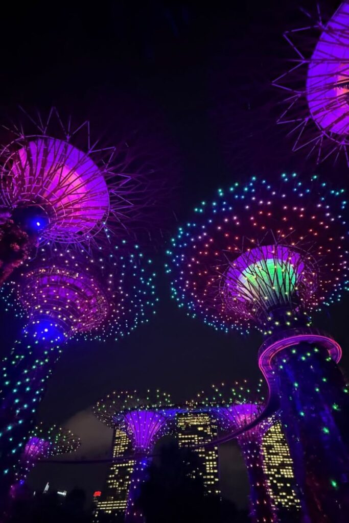 The Supertree Grove glowing in neon purples, greens, and blues during the Garden Rhapsody light show, lighting up the night sky. This dazzling nighttime display is one of the most unique things to do in Singapore and a top-rated free activity for all ages.