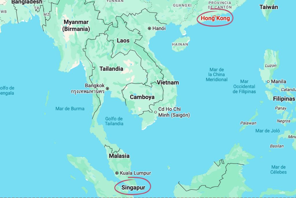 A map of Southeast Asia with Hong Kong and Singapore circled in red. This visual guide is perfect for understanding location differences in Singapore vs Hong Kong travel.