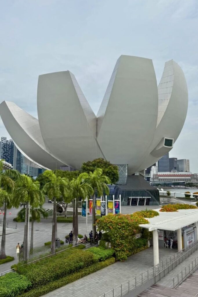 The ArtScience Museum’s futuristic lotus-shaped building stands along the Marina Bay waterfront with palm trees and curated gardens nearby. This iconic architectural landmark is home to innovative exhibits and is one of the most popular indoor things to do in Singapore.
