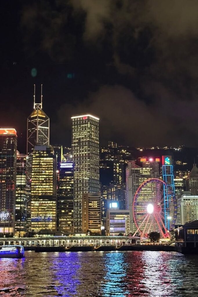 Hong Kong’s skyline at night with glowing skyscrapers, the lit-up Ferris wheel, and reflections on Victoria Harbour. A must-see and one of the best tips for visiting Hong Kong at night.