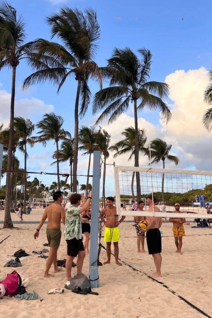 Friends play beach volleyball under tall palm trees with a clear blue sky, capturing the energy of warm beaches in December and fun winter travel destinations.