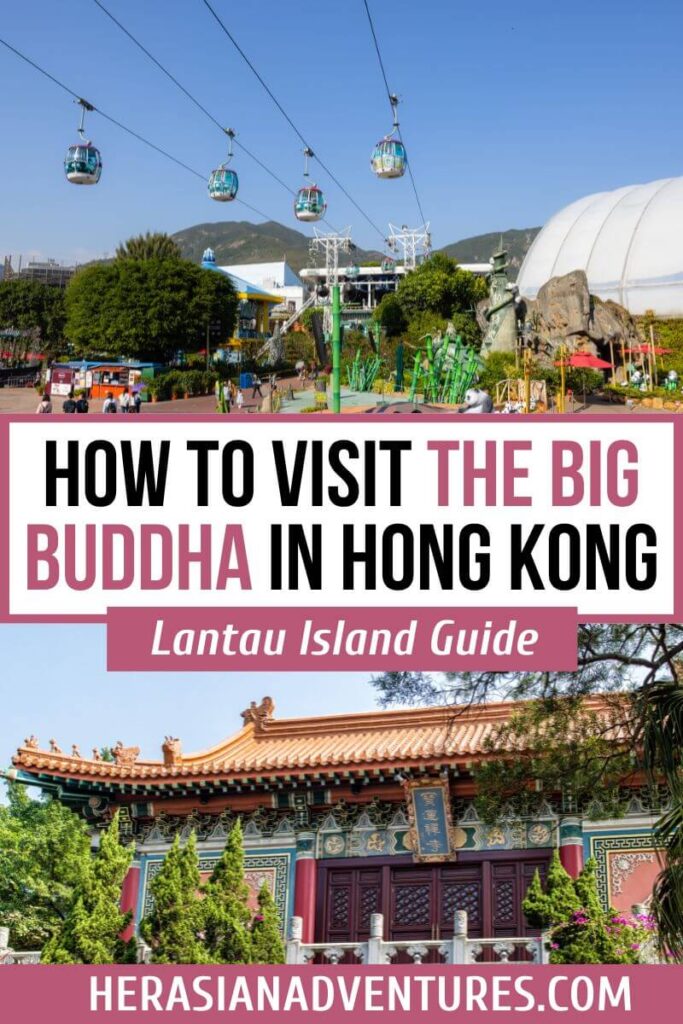 A scenic view of cable cars gliding toward Lantau Island with green hills in the background, overlaid with text reading “How to Visit the Big Buddha in Hong Kong.” This image highlights the Ngong Ping 360 ride, a popular way to reach the Big Buddha Hong Kong and a must-do on any Lantau Island itinerary.