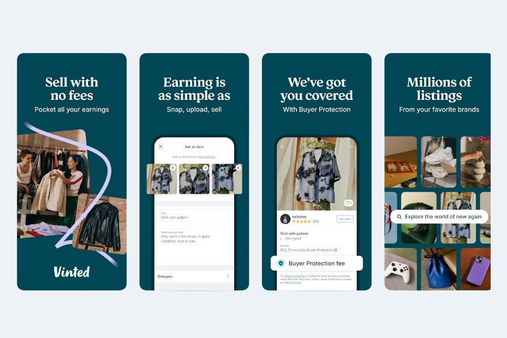 A four-panel Vinted promo showing selling clothes with “Sell with no fees” text, highlighting creative ways to save money for travel and boost your travel savings account.