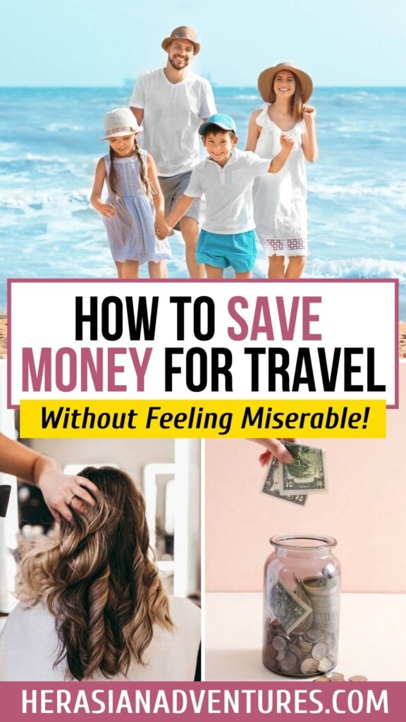 A cheerful family walks along the shoreline under text reading “How to Save Money for Travel Without Feeling Miserable!” capturing how to afford traveling while keeping travel savings enjoyable.